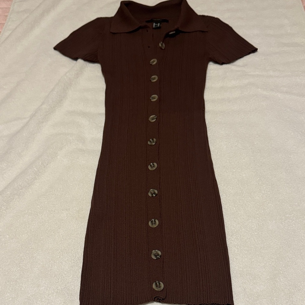 Forever 21 Brown Button-Front Ribbed Midi Dress
